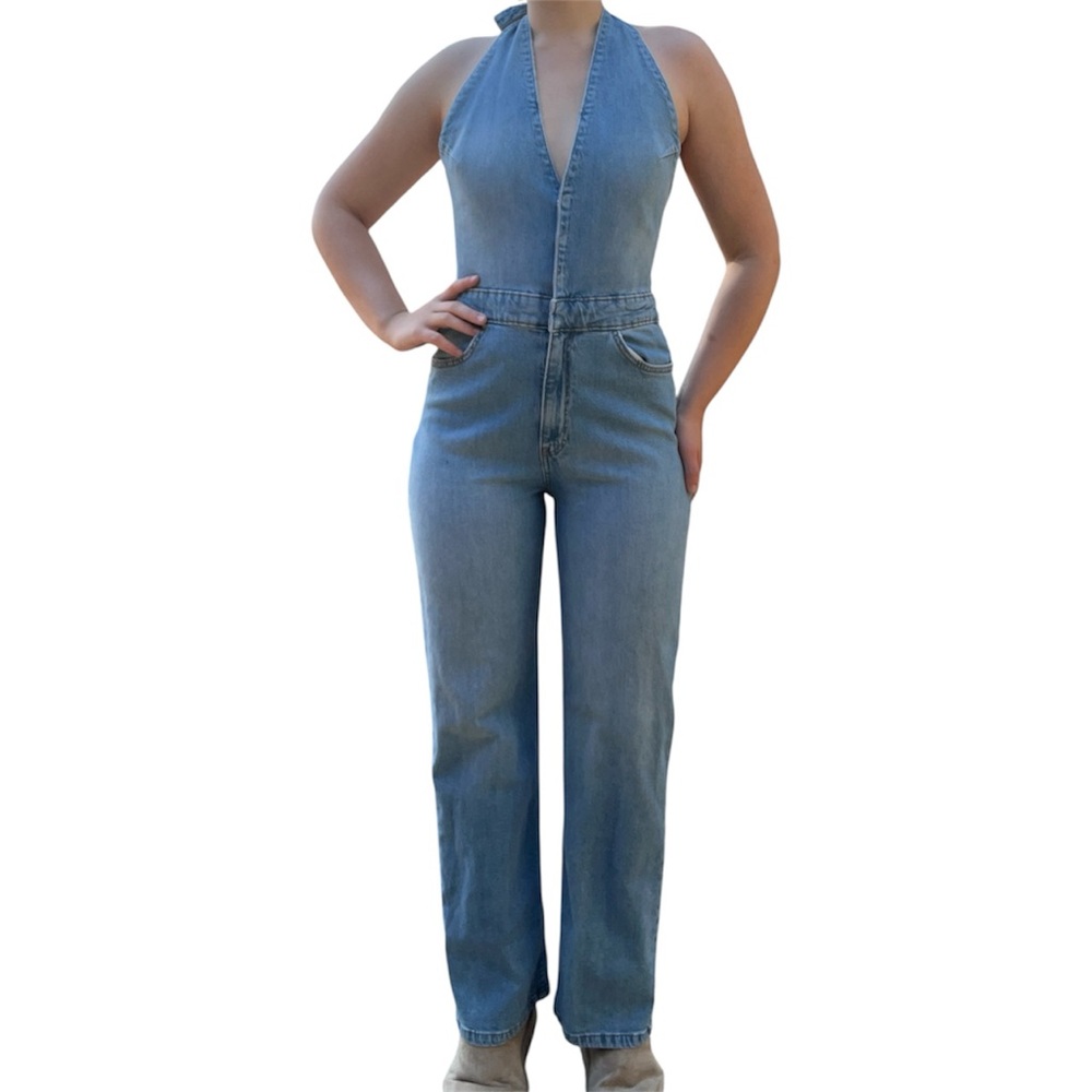 Zara 70s Style Denim Halter Jumpsuit with Tie Back Detail